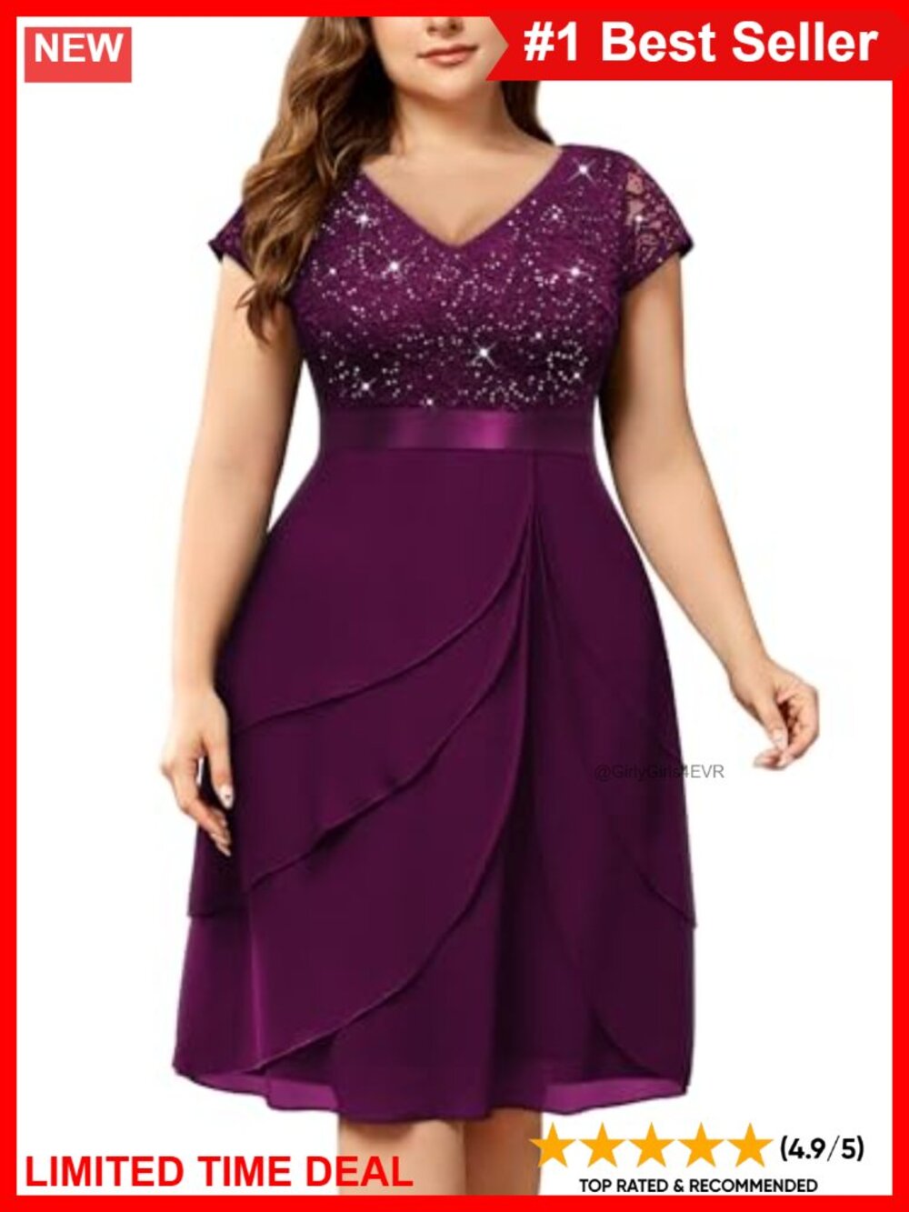 Plus Size Sequin Floral Lace V-Neck Chiffon Cocktail Party Dress